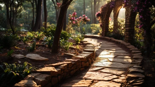 Stone Path in Park with Lush Vegetation and Flowers