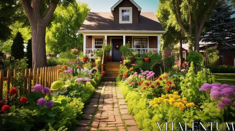 Summer Day in Small Town - Cottage with Flower Garden AI Image