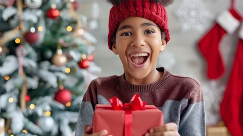 Surprised African-American Boy with Christmas Gift