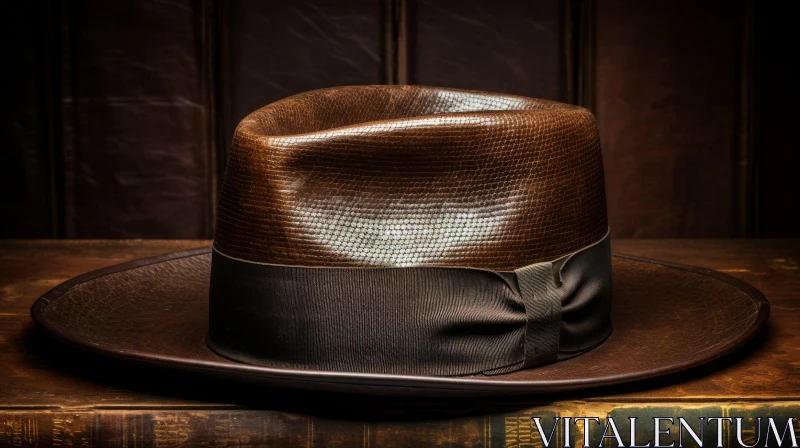 AI ART Vintage Style Brown Leather Fedora Hat on Books