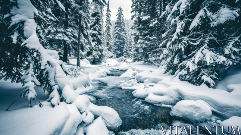 Winter Landscape with River in Snowy Forest AI Image