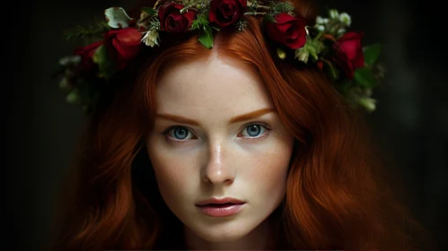 Young Woman Portrait with Red Hair and Crown of Roses
