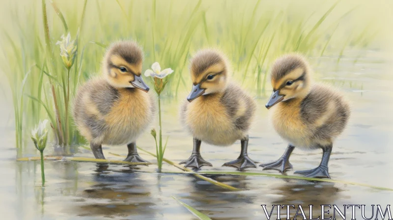 AI ART Adorable Ducklings in Pond with White Flower