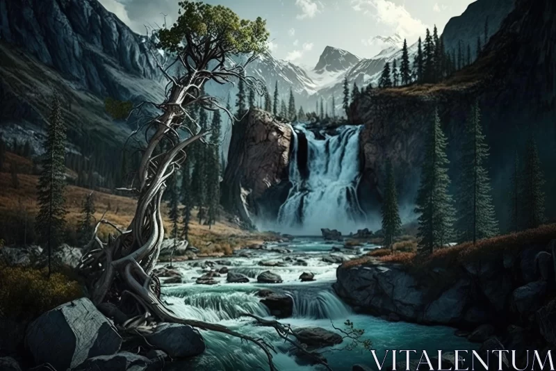 Captivating Painting of a Serene Waterfall in the Mountains AI Image
