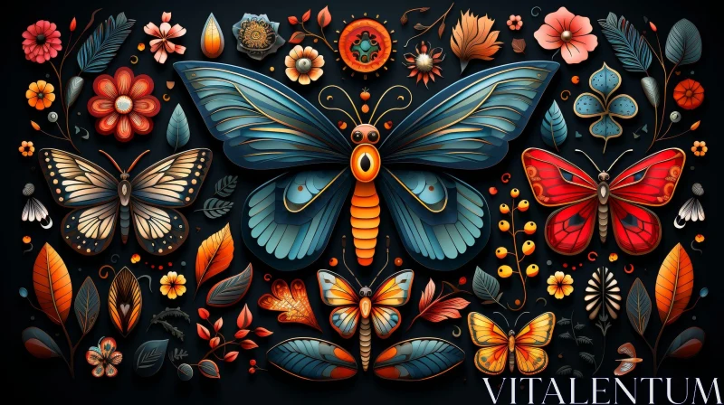Dark-themed Illustration of Butterflies and Flowers AI Image