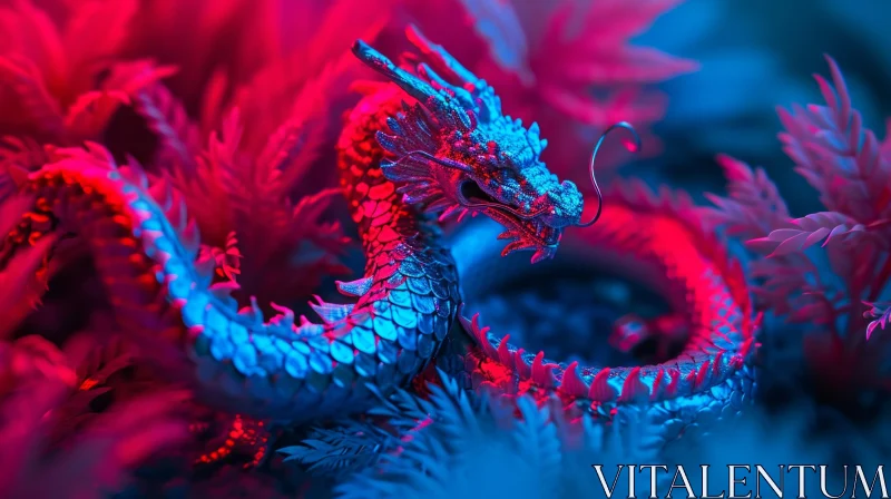 Majestic Dragon 3D Rendering on Flower Bed AI Image