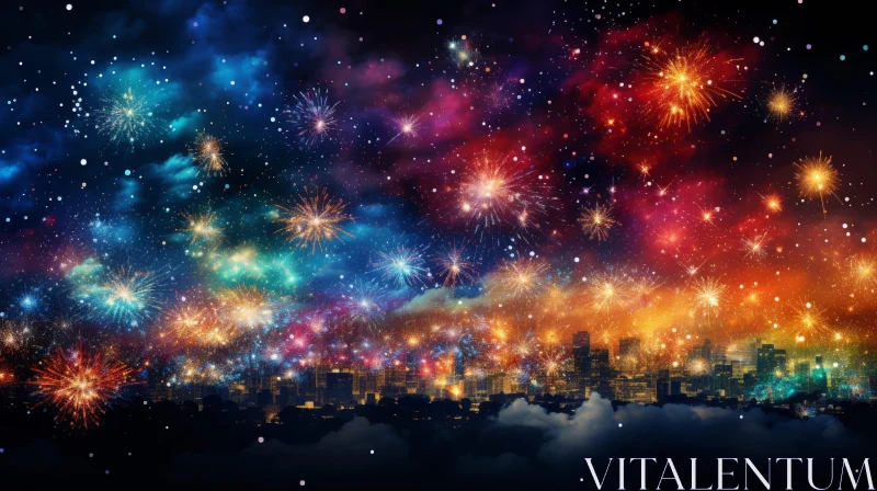 Night Cityscape with Colorful Fireworks AI Image