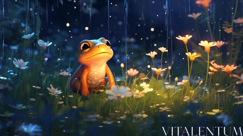 Orange Frog in Flower Field Under Light Rain AI Image