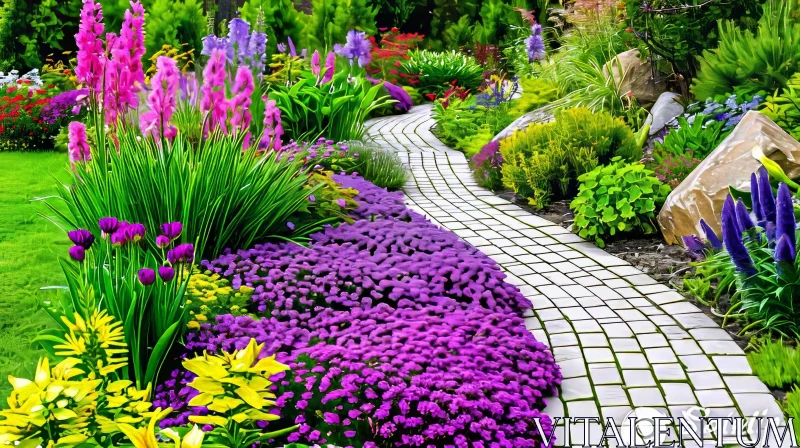 Tranquil Garden Path with Colorful Flowers and Greenery AI Image
