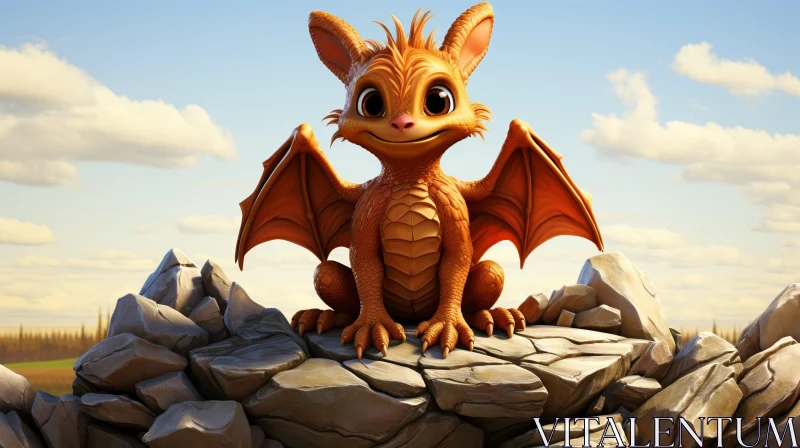 Adorable Cartoon Dragon on Rock AI Image