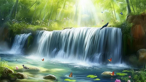 Enchanting Forest Waterfall with Rainbow and Butterflies