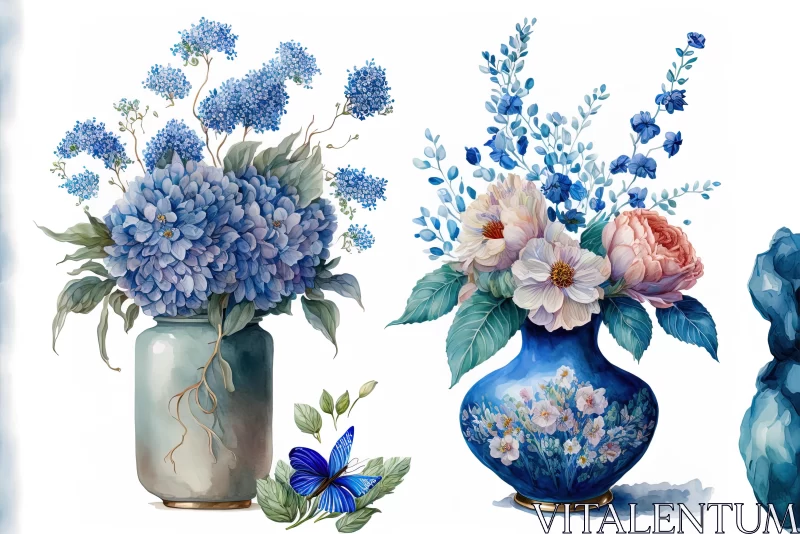 Exquisite Watercolor Floral Vases with Blue Leaves and Flower Butterflies AI Image