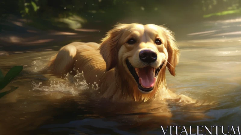 AI ART Happy Golden Retriever Dog Swimming in Sunlit Lake