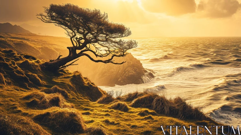 Majestic Tree on Cliff Overlooking Sea at Sunset AI Image
