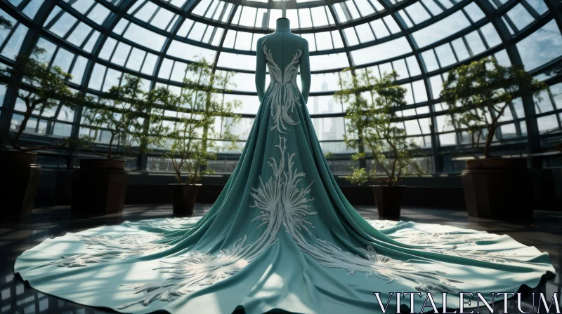 Mint Green Silk Evening Gown in Lush Greenhouse AI Image