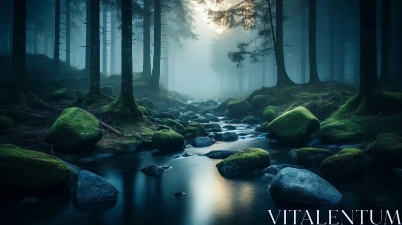 AI ART Misty Forest River Landscape - Serene Nature Scene