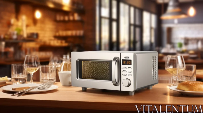 Silver Microwave Oven on Wooden Table AI Image