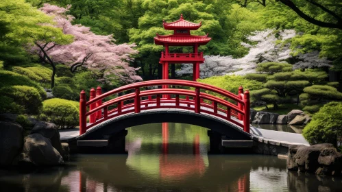 Tranquil Japanese Garden Scene with Red Bridge