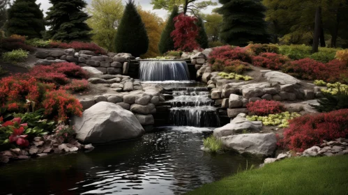 Tranquil Waterfall in a Verdant Park