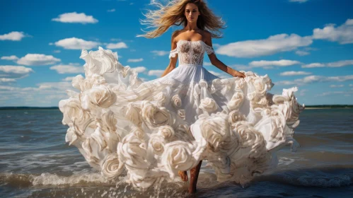 Young Woman in White Dress Walking by Sea