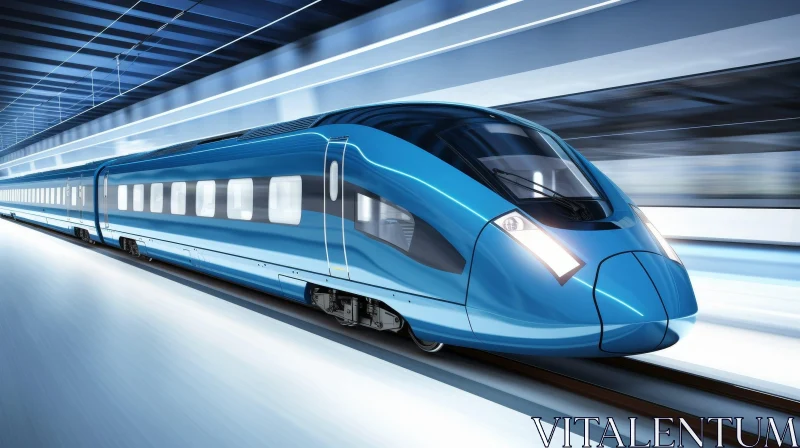 Blue High-Speed Train in Motion Through Tunnel AI Image