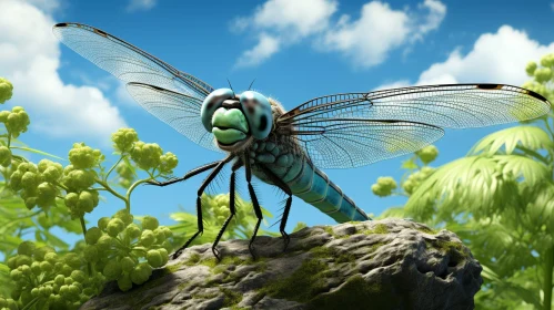 Dragonfly 3D Rendering on Rock - Nature Photorealistic Image