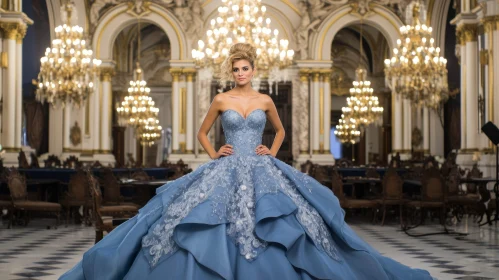 Elegant Young Woman in Blue Ball Gown