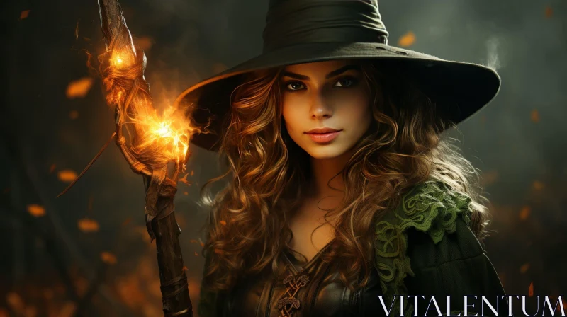 Enchanting Woman in Green Hat in Dark Forest AI Image