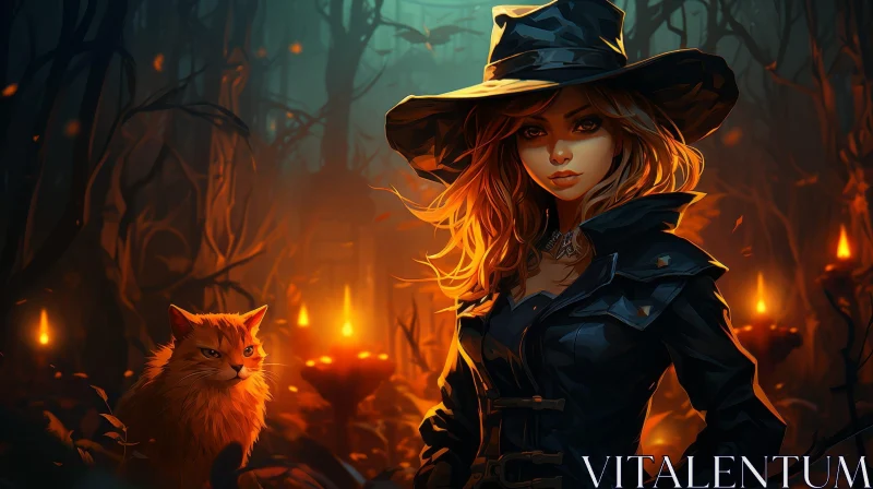AI ART Enigmatic Witch in Dark Forest Digital Painting