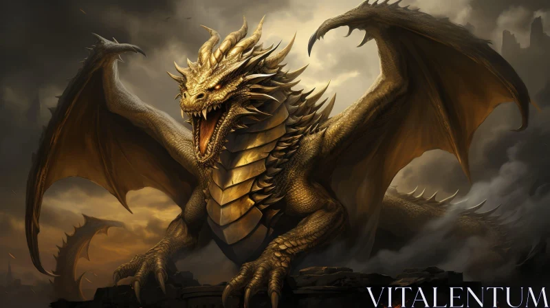 Golden Dragon Fantasy Art in Brooding Sky AI Image