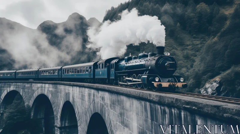 Impressive Blue Steam Train Crossing Tall Concrete Bridge AI Image