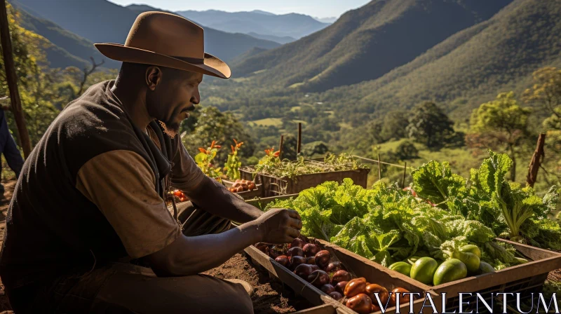 Man Harvesting Vegetables in Garden with Mountains Background AI Image
