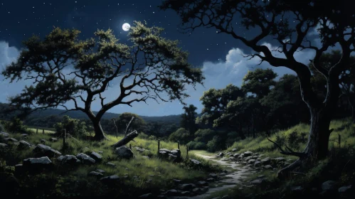 Moonlit Forest Landscape Painting