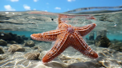 Red Starfish in Clear Blue-Green Water