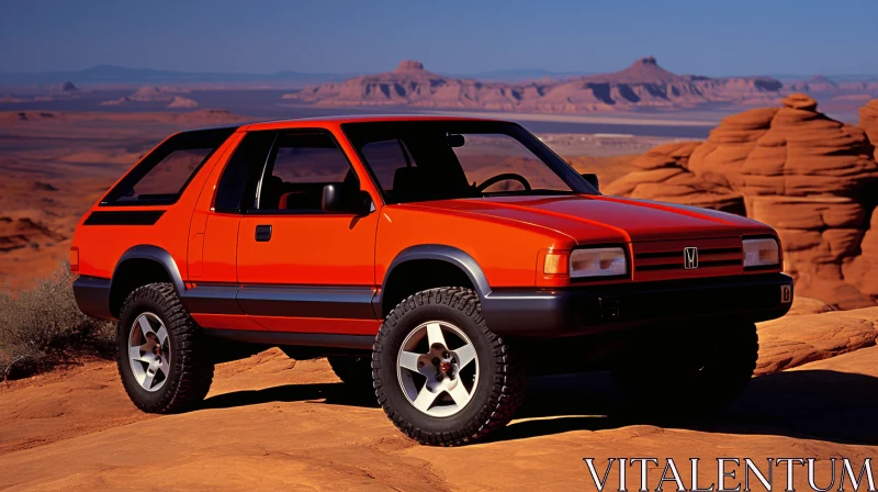 Red SUV Parked on Rocky Top | Retrowave Metallic Finishes AI Image