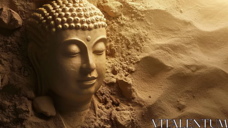 Serene Buddha Stone Statue in Sand AI Image