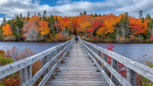 Tranquil Wooden Bridge Over River in Fall Foliage