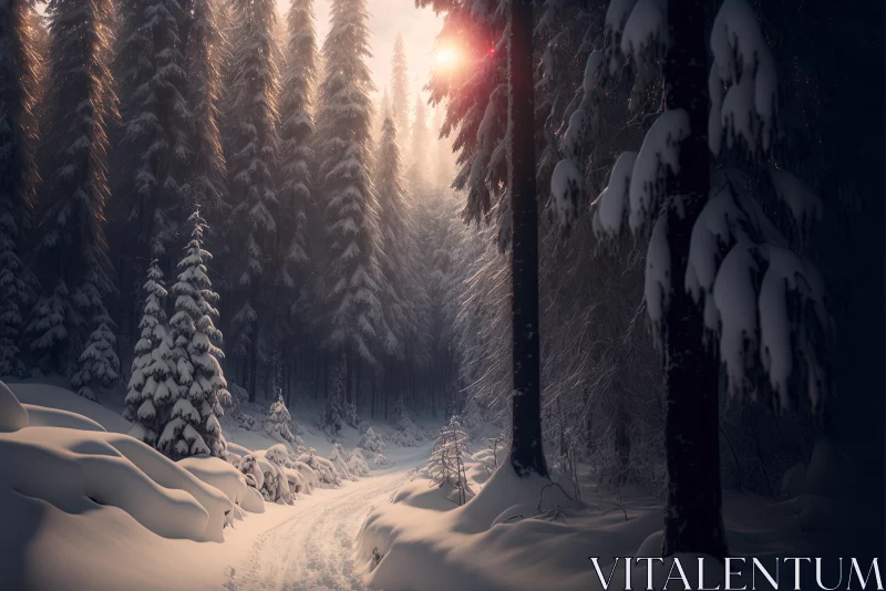 Winter Forest Path in the Snow - Festive and Dreamy Scene AI Image