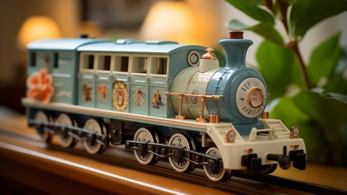 Blue and White Toy Train on Wooden Surface