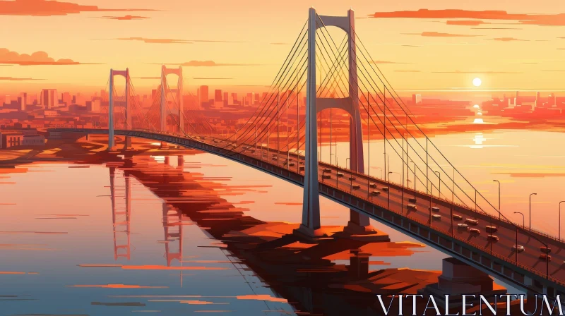 Bridge Over River at Sunset Painting AI Image
