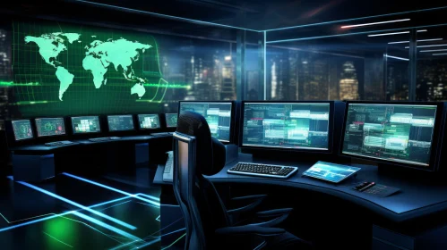 Enigmatic Dark Room with Computer Screens and City Skyline
