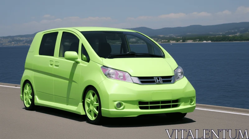 Green Honda Fit Driving by Blue Ocean - Hyperrealistic Art AI Image