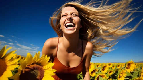 Joyful Blonde Woman in Sunflower Field