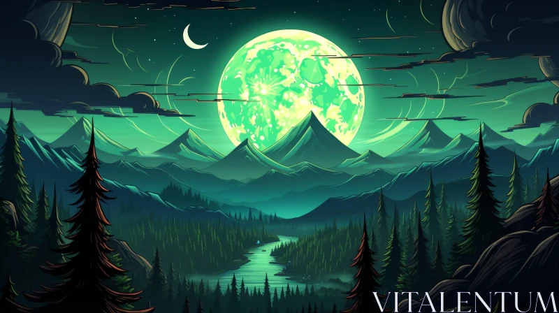 AI ART Night Mountain Range Landscape with Green Moon