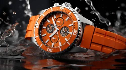 Orange Rubber Strap Wristwatch in Water