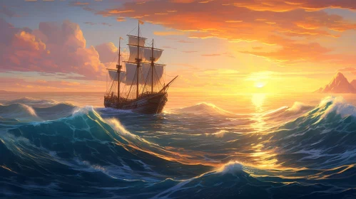 Ship Battling Rough Seas - Dramatic Painting