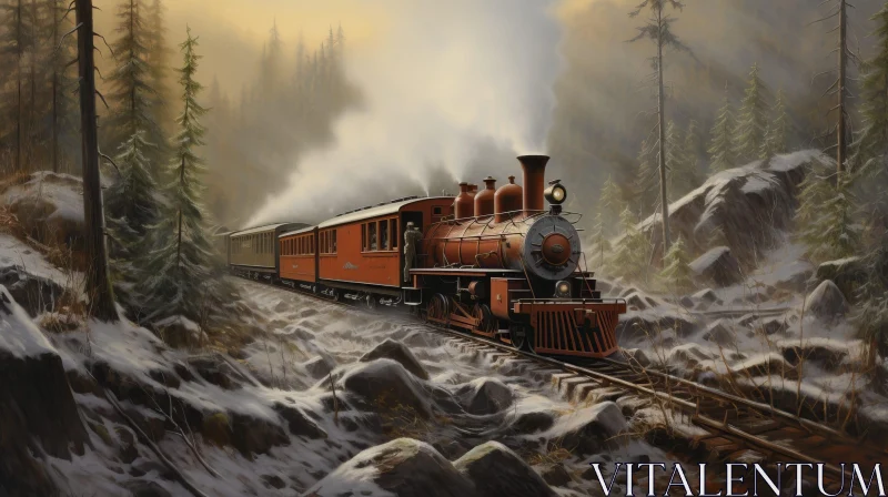 Snowy Forest Steam Locomotive Painting AI Image