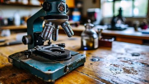 Vintage Microscope on Wooden Table