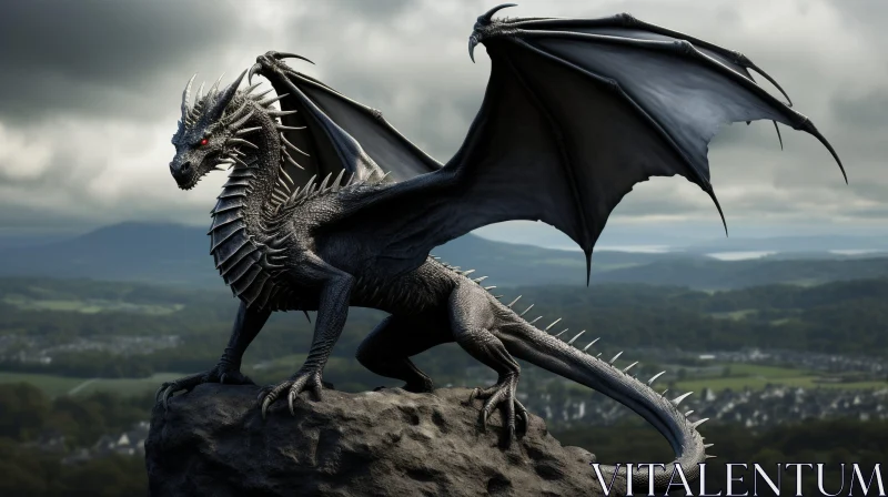 Black Dragon in Mountainous Landscape - Fantasy Digital Art AI Image