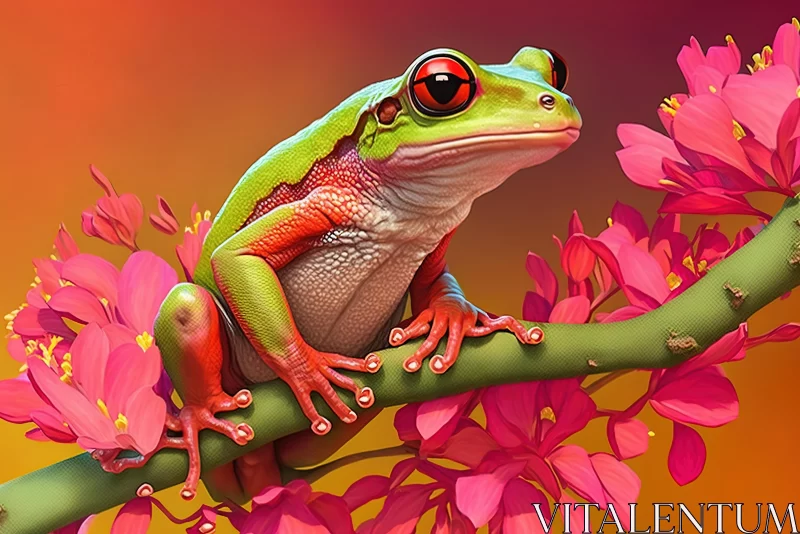 Colorful Frog on Branch with Pink Flowers - Hyper-Realistic Animal Illustration AI Image